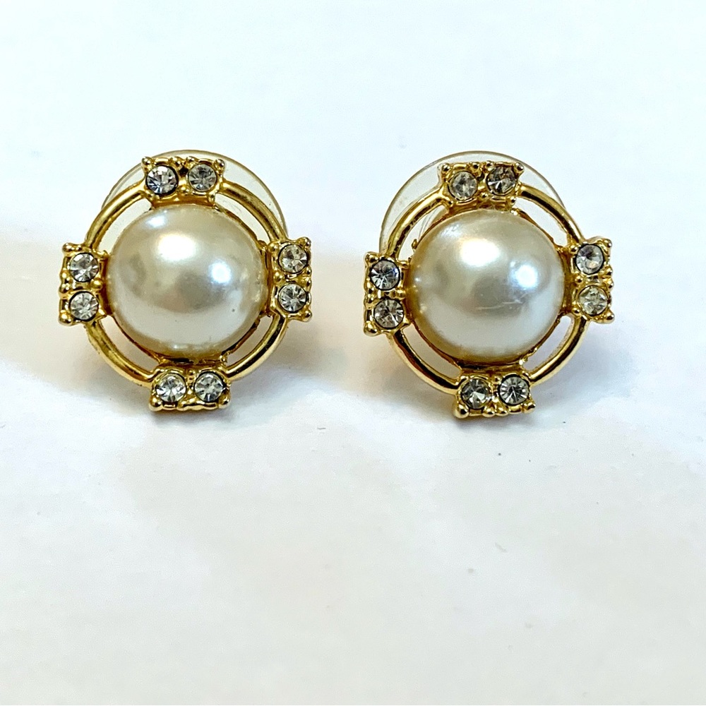 Faux Pearl and Rhinestone Earrings Vintage Gold Tone